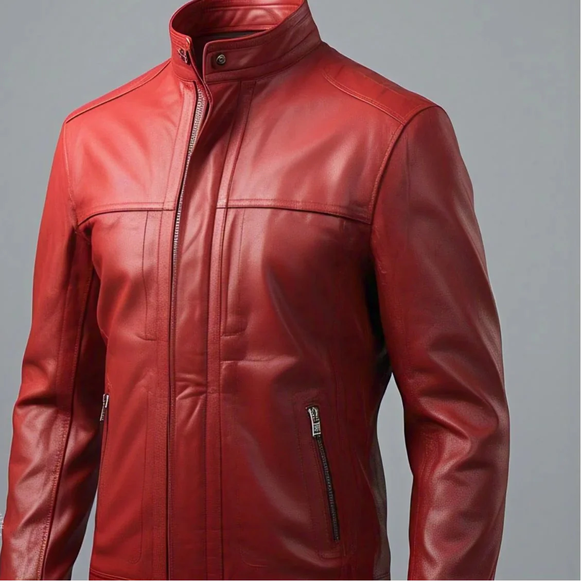 Men's Red Leather Jacket with two Zipper Pockets and Snap Collar