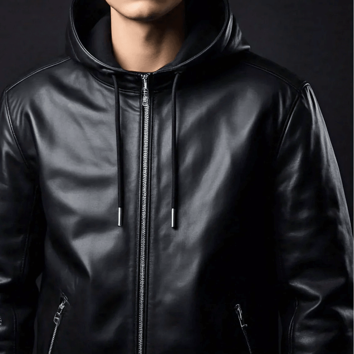 Black Leather Jacket with Hoodie and Zipper Detailing - Leathers Wear