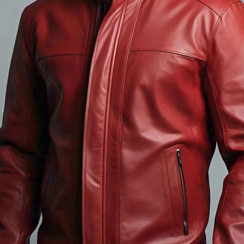 Men's Red Leather Jacket with two Zipper Pockets and Snap Collar