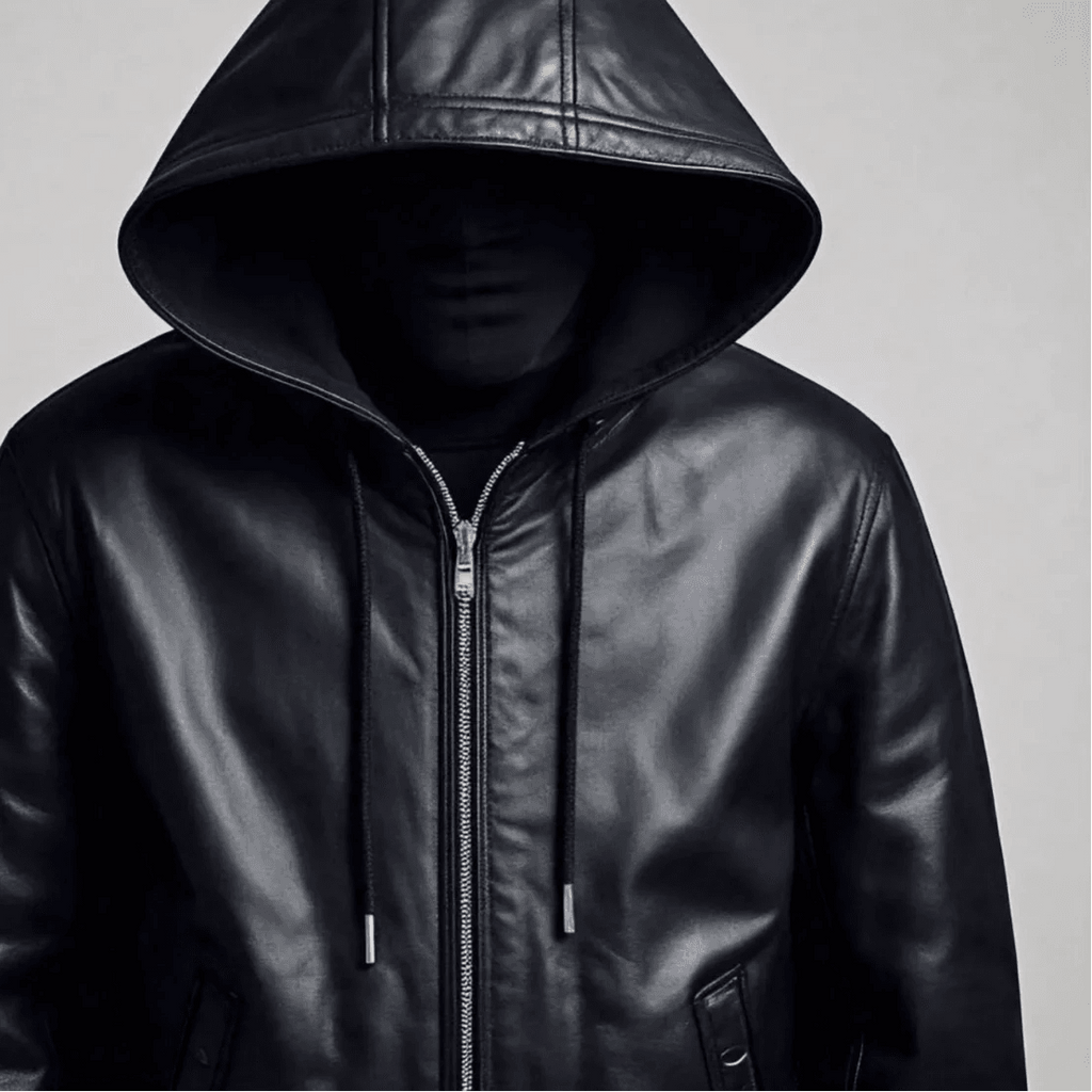 Hooded Black Leather Jacket - Zipper Closure with Two Simple Pockets - Leathers Wear