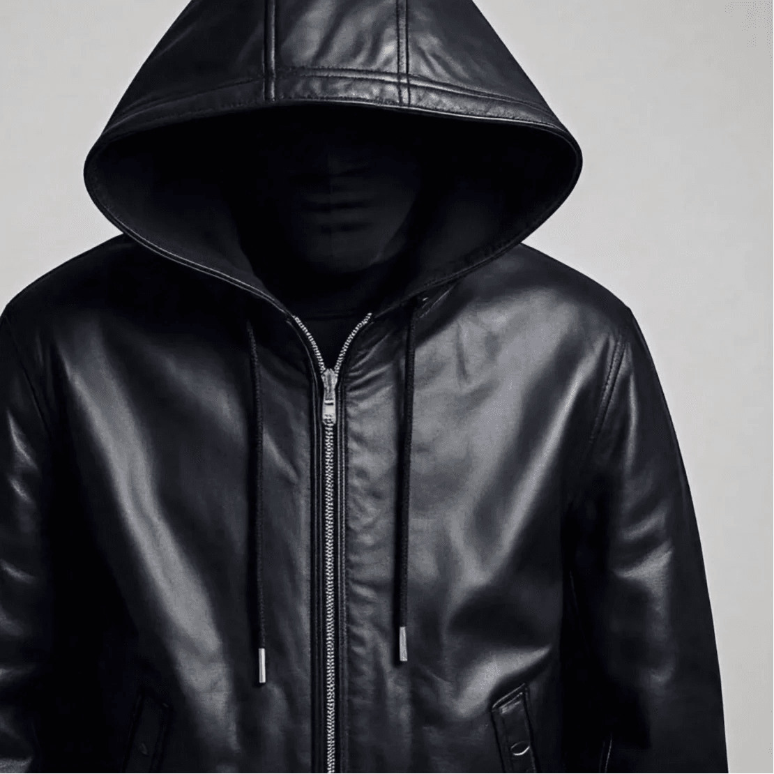 Hooded Black Leather Jacket - Zipper Closure with Two Simple Pockets - Leathers Wear