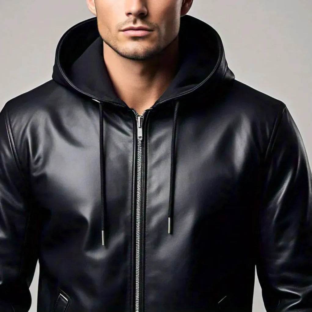 Hooded Black Leather Jacket - Zipper Closure with Two Simple Pockets - Leathers Wear