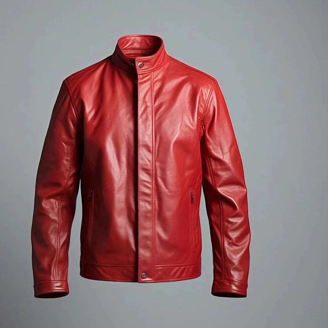 Men's Red Leather Jacket | Simple | Two Pockets