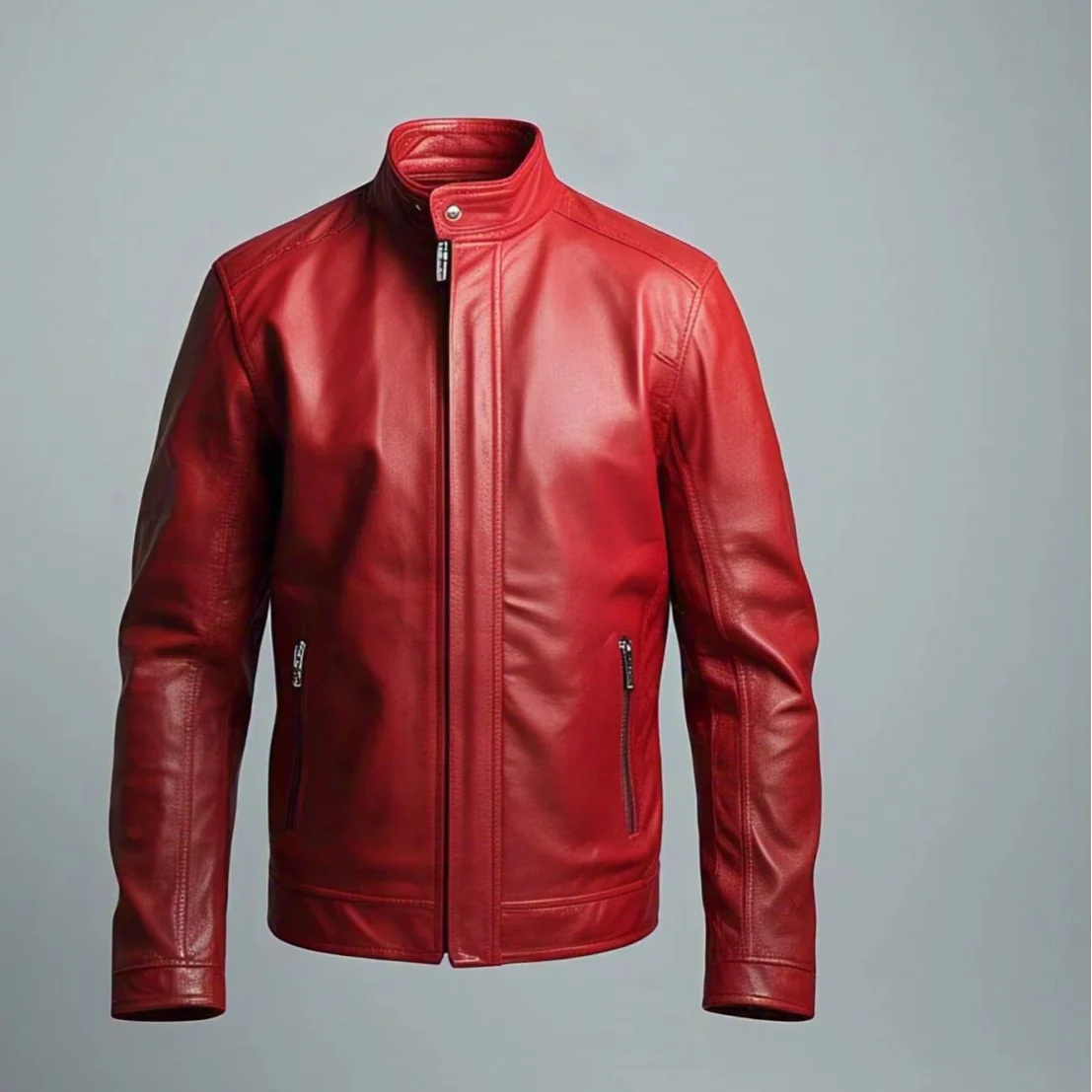 Men's Red Leather Jacket | Simple | Two Pockets