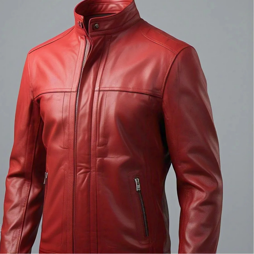 Men's Red Leather Jacket with two Zipper Pockets and Snap Collar