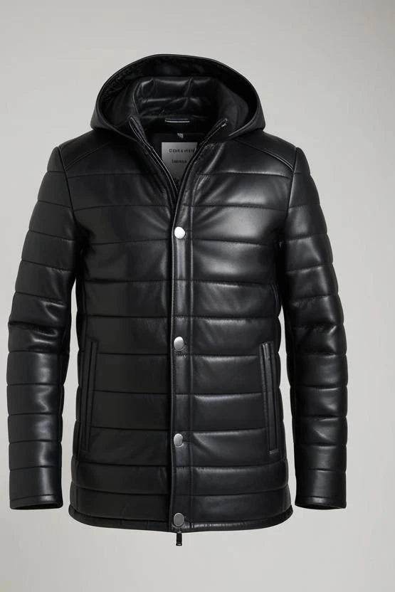 Black Hooded Genuine leather Puffer jacket - Leathers Wear