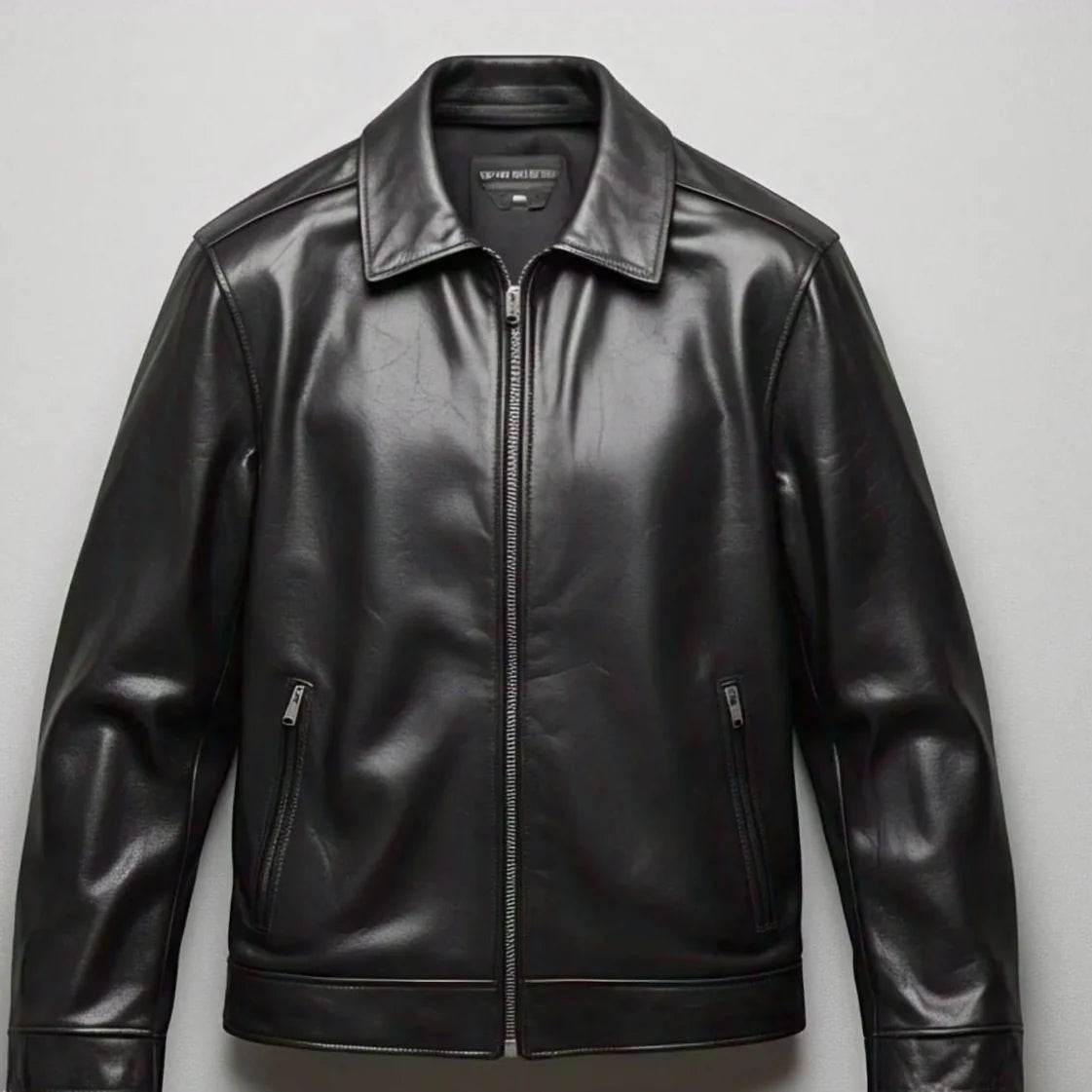 Classic Unisex Black Leather Jacket with Zipper Closure and Dual Pockets - Leathers Wear