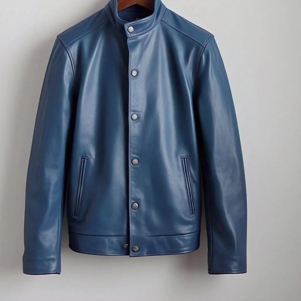 Simple Blue Leather Jacket | Button Closure