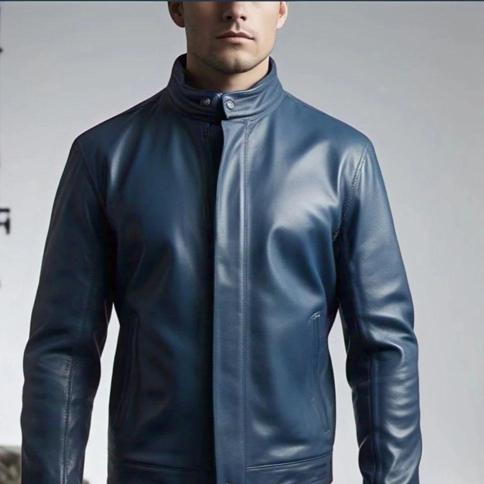 Men's Blue Leather Jacket | Modern Elegance | Button Closure