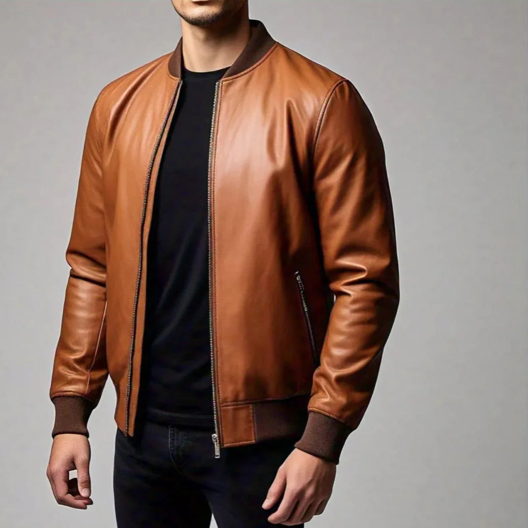 Men's Brown Leather Bomber Jacket | Zipper Pockets