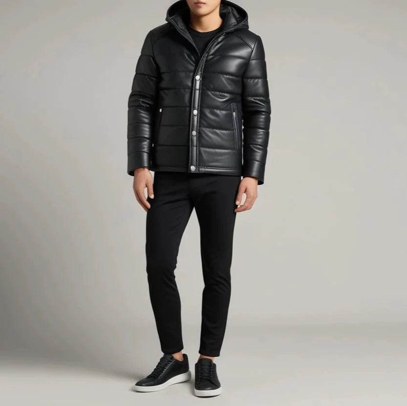Black Hooded Genuine leather Puffer jacket - Leathers Wear