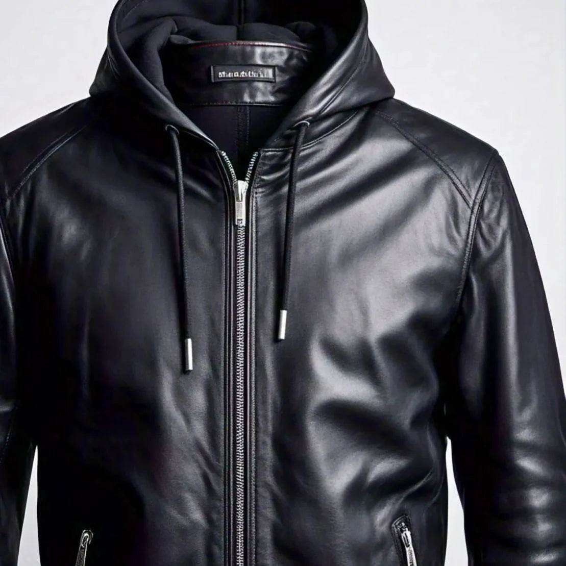 Black Leather Jacket with Hoodie and Zipper Detailing - Leathers Wear