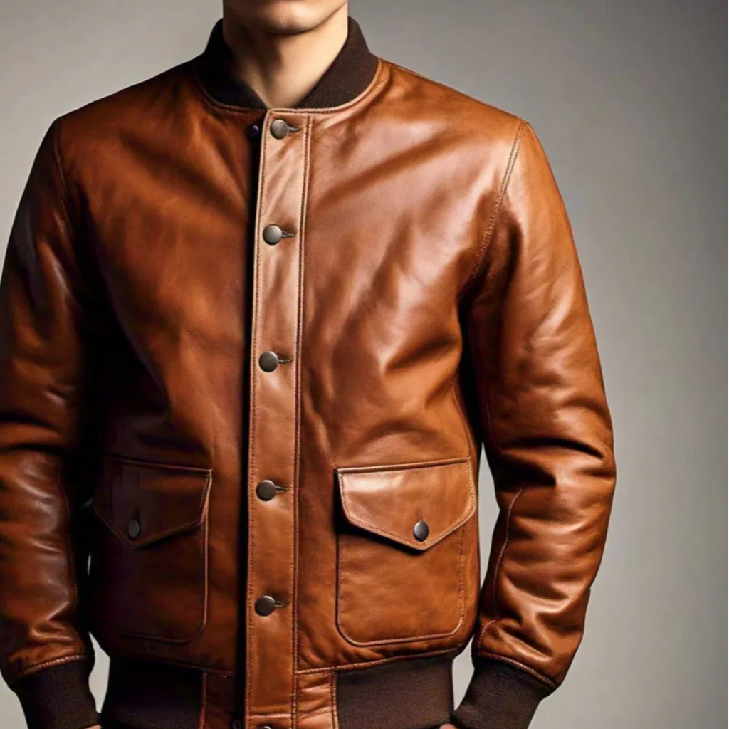 Men's Brown Leather Bomber Jacket with Buttoned Pockets