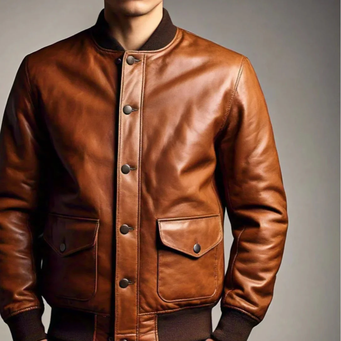 Men's Brown Leather Bomber Jacket with Buttoned Pockets