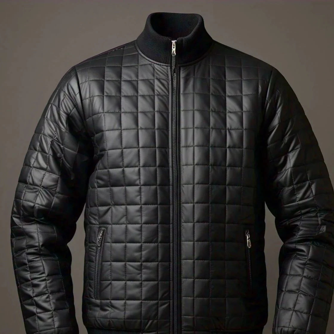 Men's Black Leather Puffer Jacket