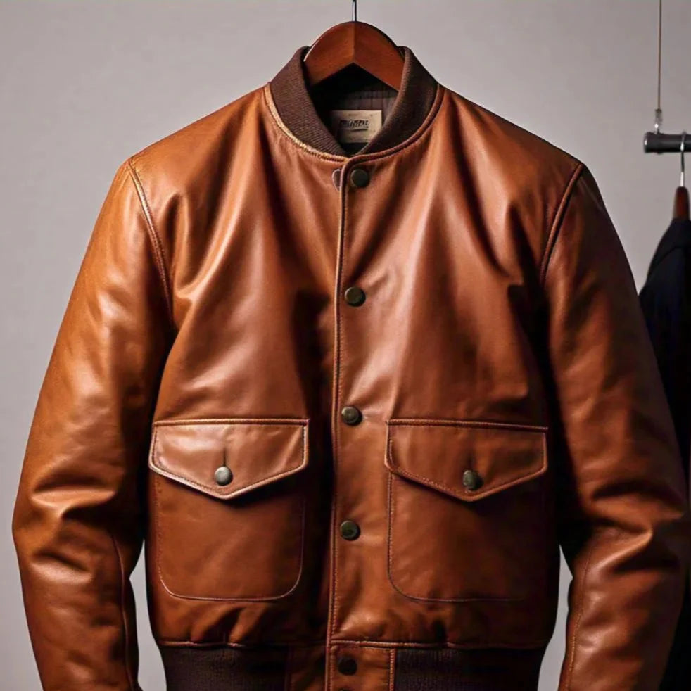 Men's Brown Leather Bomber Jacket with Buttoned Pockets