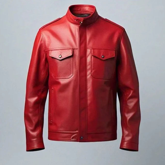 Men's Bold Red Leather Jacket | Unmatched Style and Comfort | Snap Shoulder