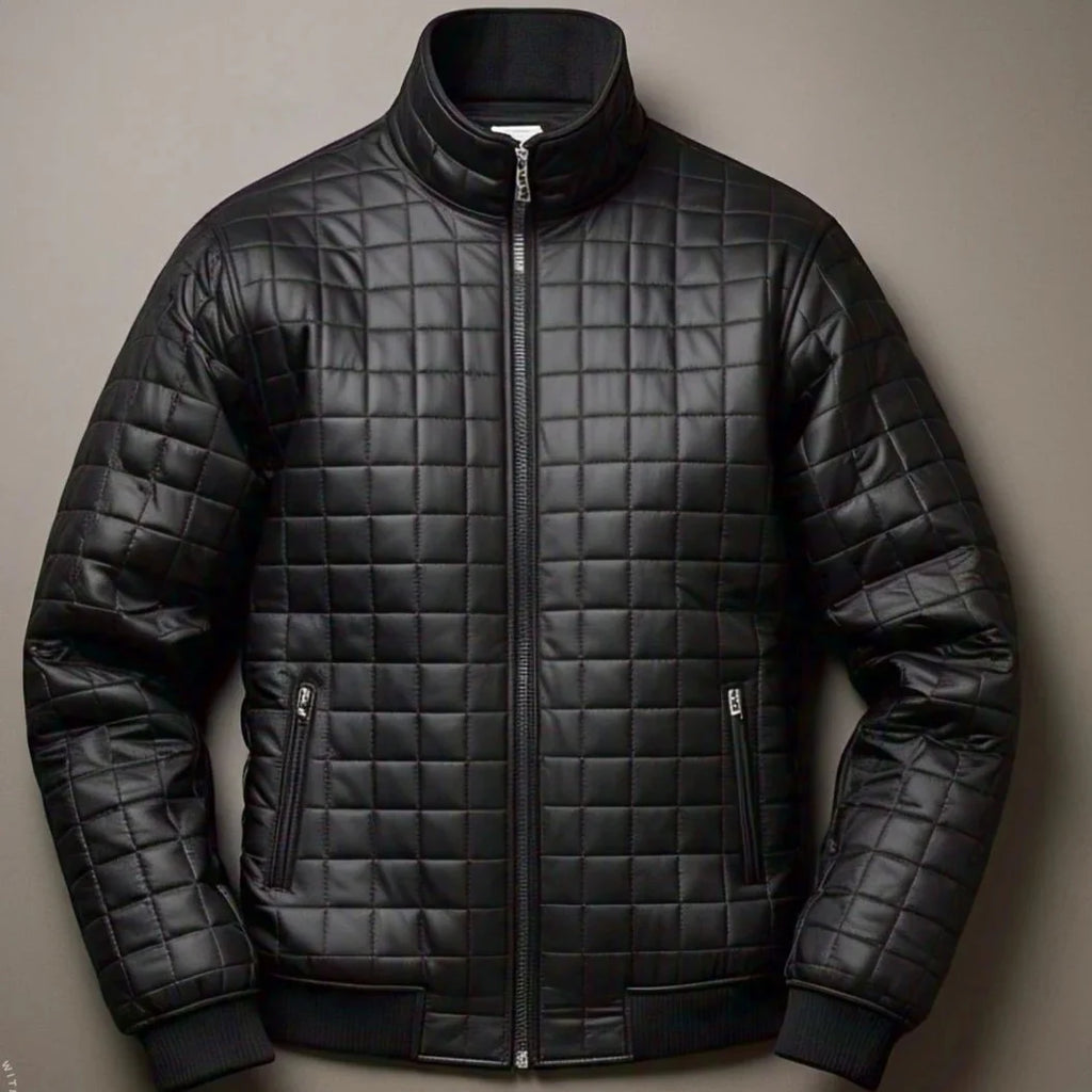 Men's Black Leather Puffer Jacket