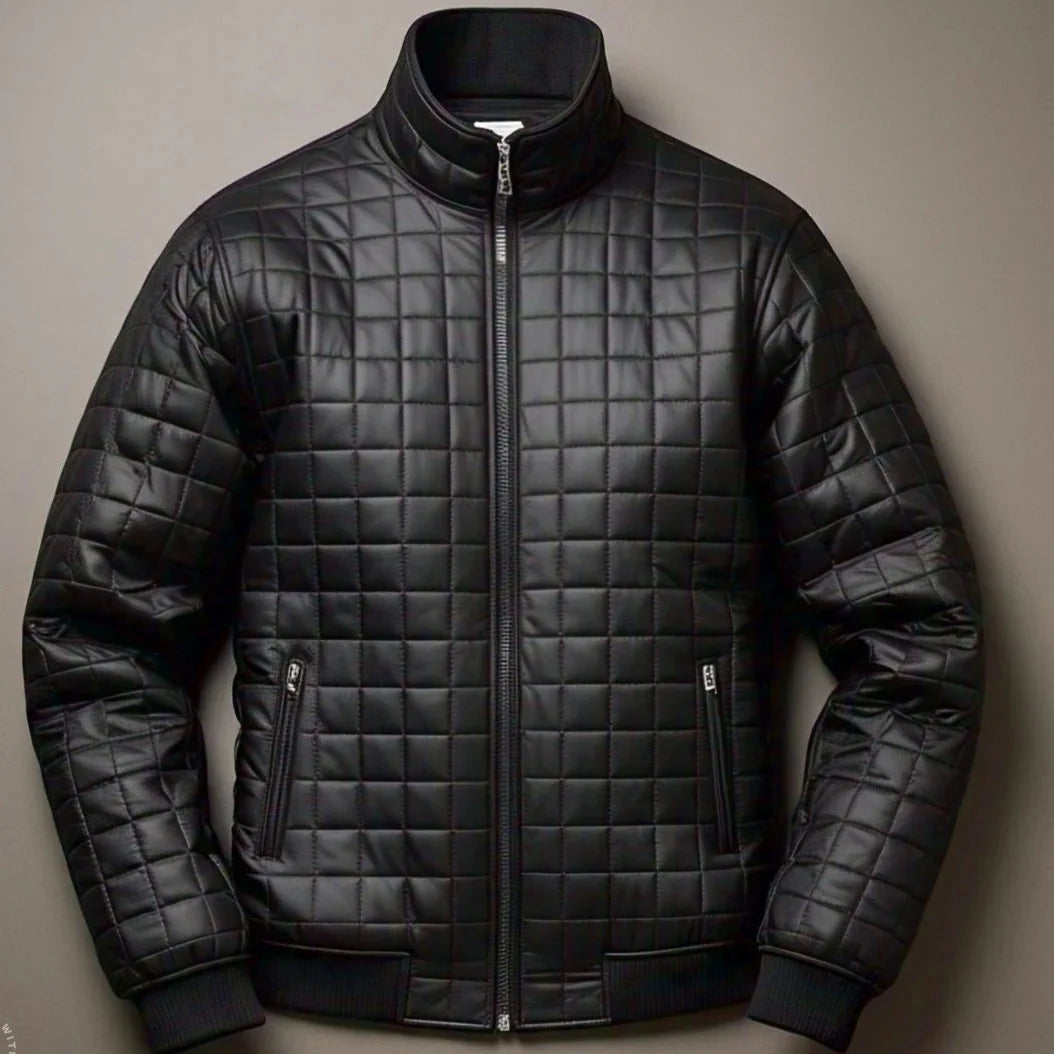 Men's Black Leather Puffer Jacket