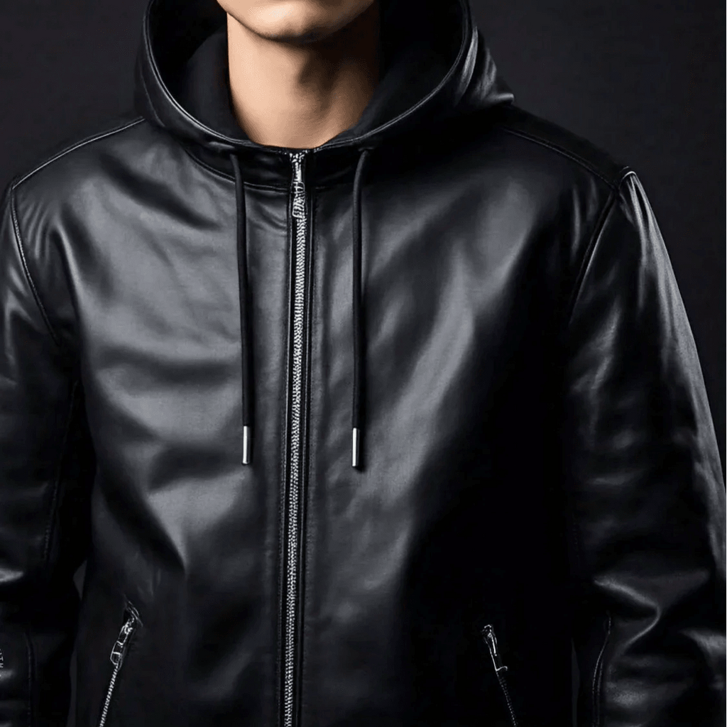 Black Leather Jacket with Hoodie and Zipper Detailing - Leathers Wear