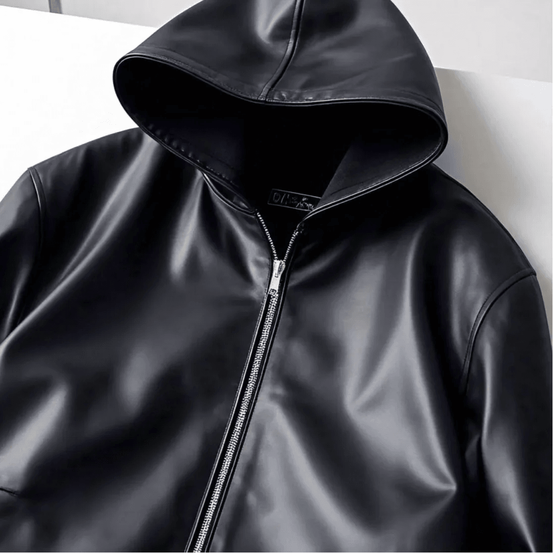 Hooded Black Leather Jacket - Zipper Closure with Two Simple Pockets - Leathers Wear