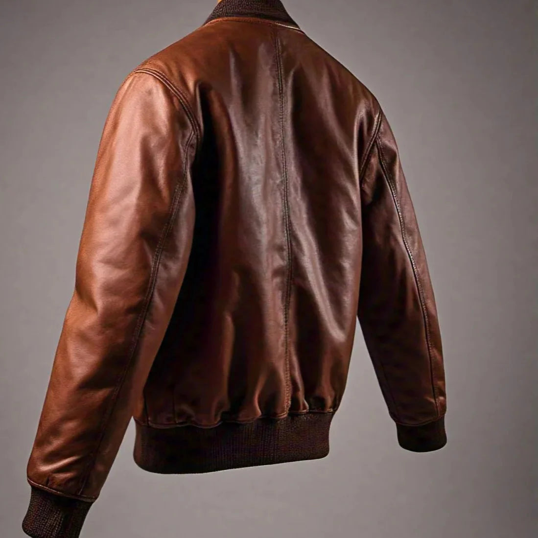 Men's Brown Leather Bomber Jacket with Buttoned Pockets