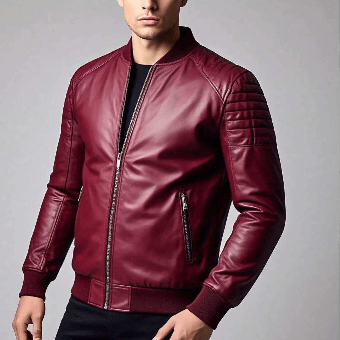 Burgundy Leather Bomber Jacket - Leathers Wear