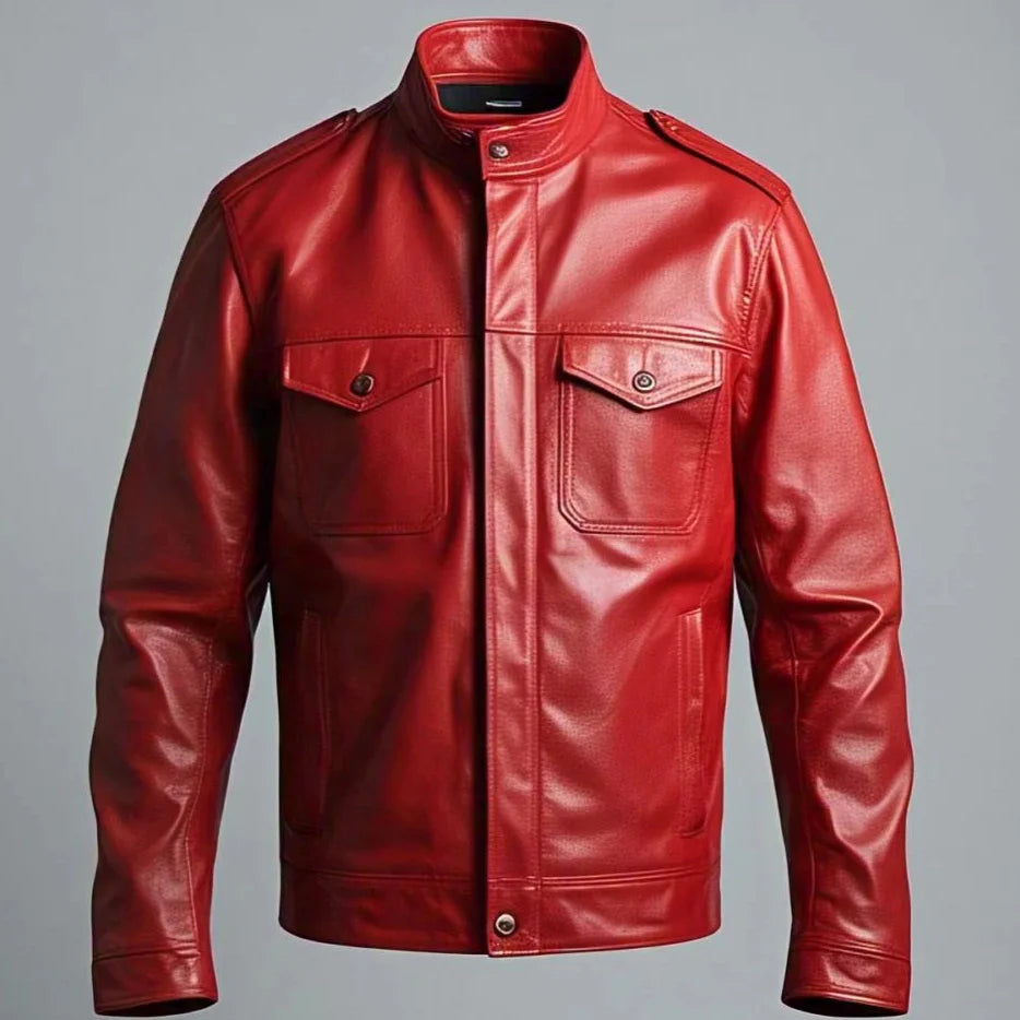 Men's Bold Red Leather Jacket | Unmatched Style and Comfort | Snap Shoulder
