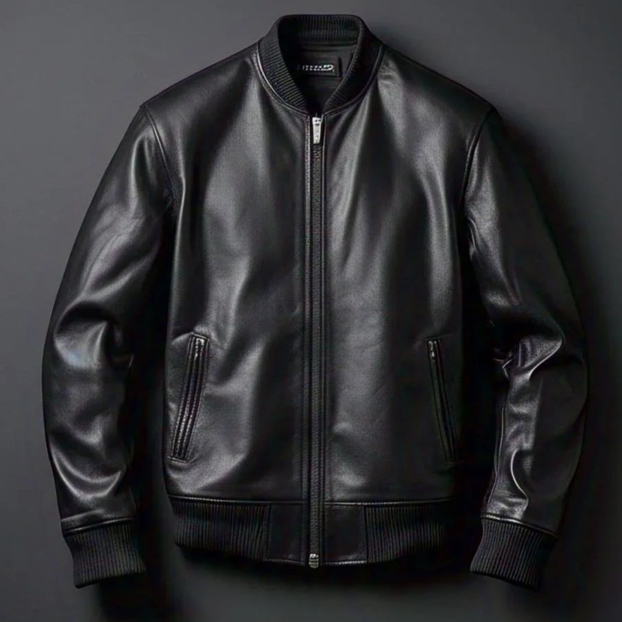 Men's Premium Black Leather Bomber Jacket