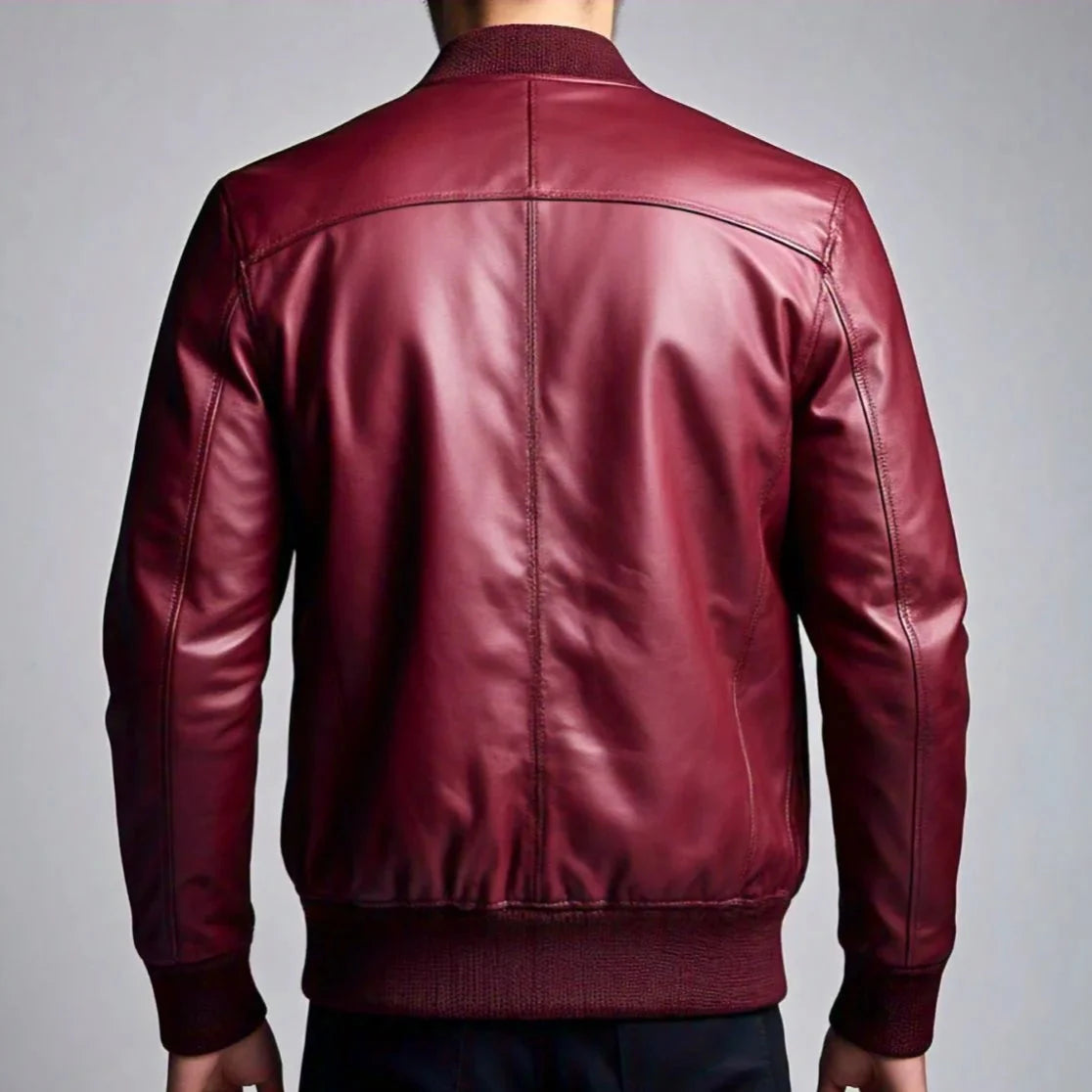Men's Burgundy Leather Jacket with Zippered Side Pockets