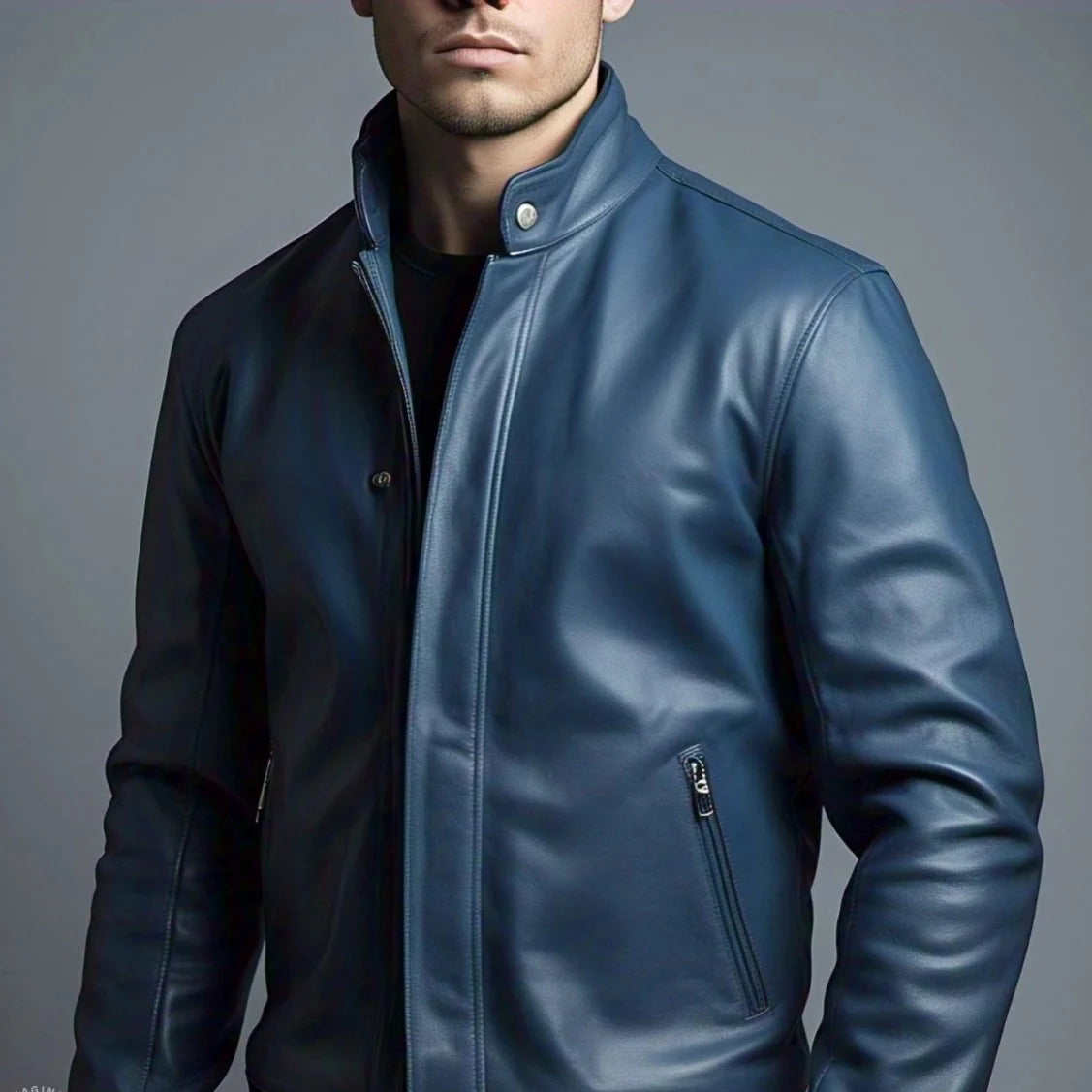 Men's Blue Leather Jacket | Modern Elegance | Button Closure