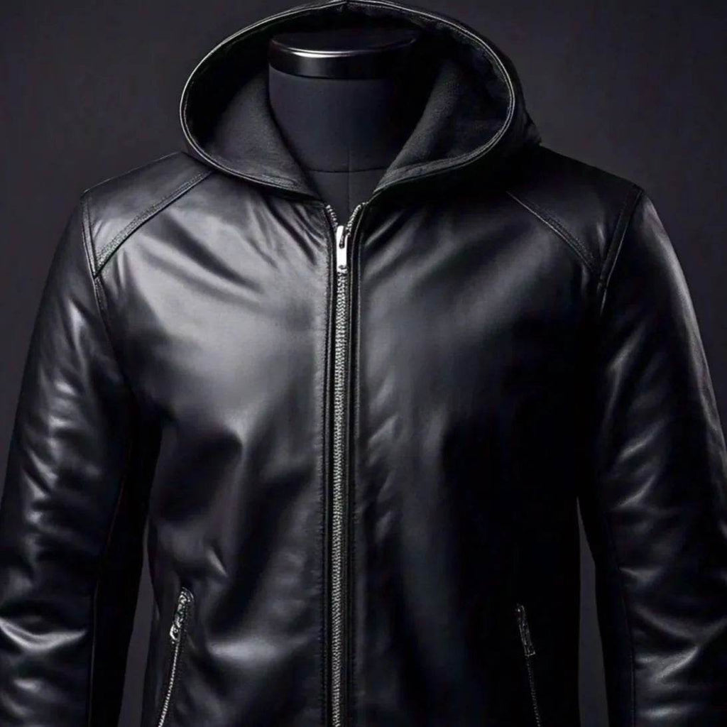 Black Leather Jacket with Hoodie and Zipper Detailing - Leathers Wear