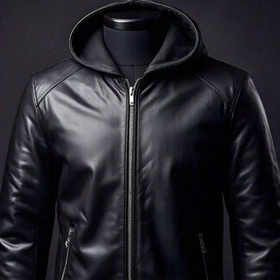 Black Leather Jacket with Hoodie and Zipper Detailing - Leathers Wear