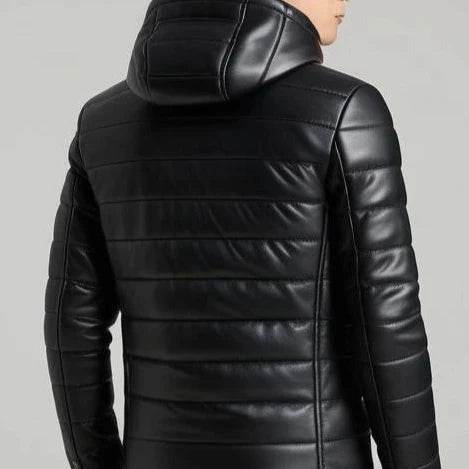 Black Hooded Genuine leather Puffer jacket - Leathers Wear