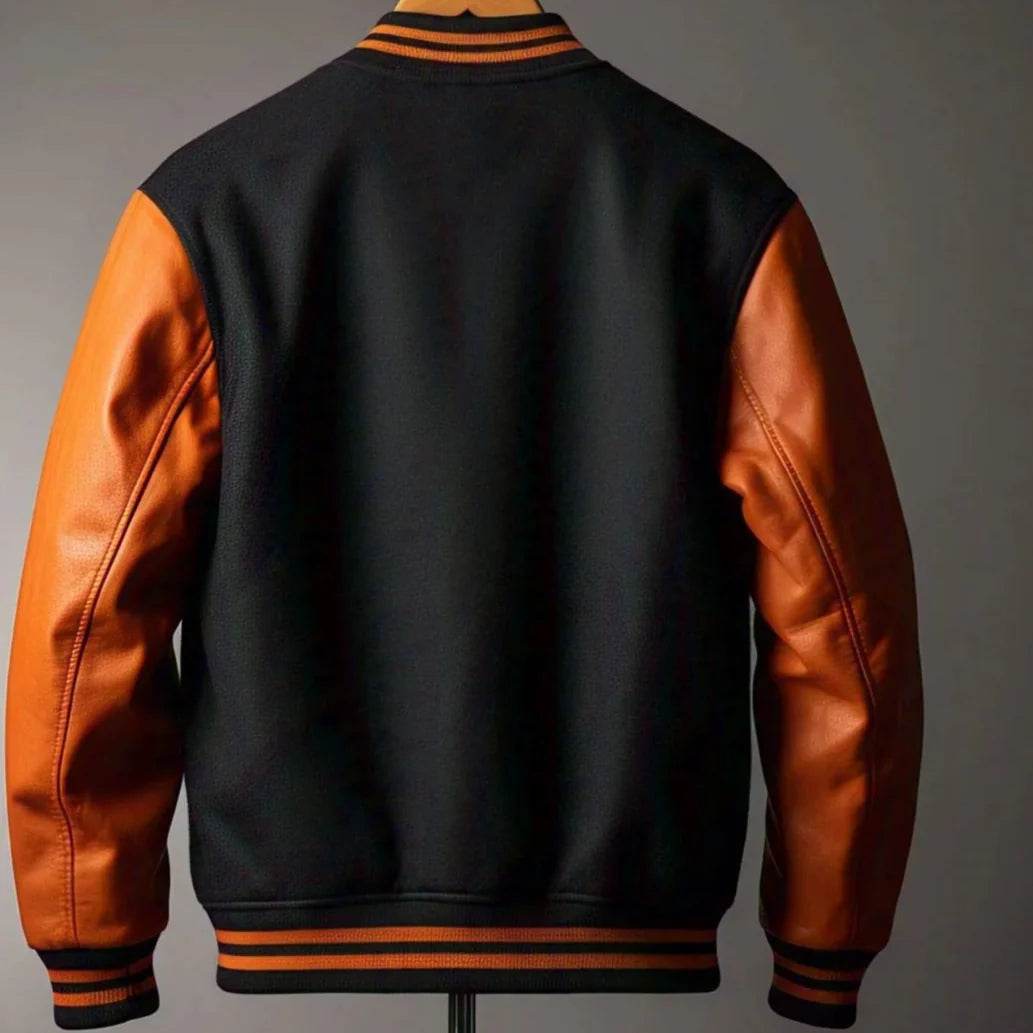 Black and Orange Letterman Jacket | Premium Wool and Leather - Leathers Wear