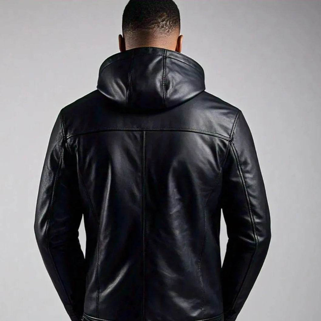 Black Leather Jacket with Hoodie and Zipper Detailing - Leathers Wear