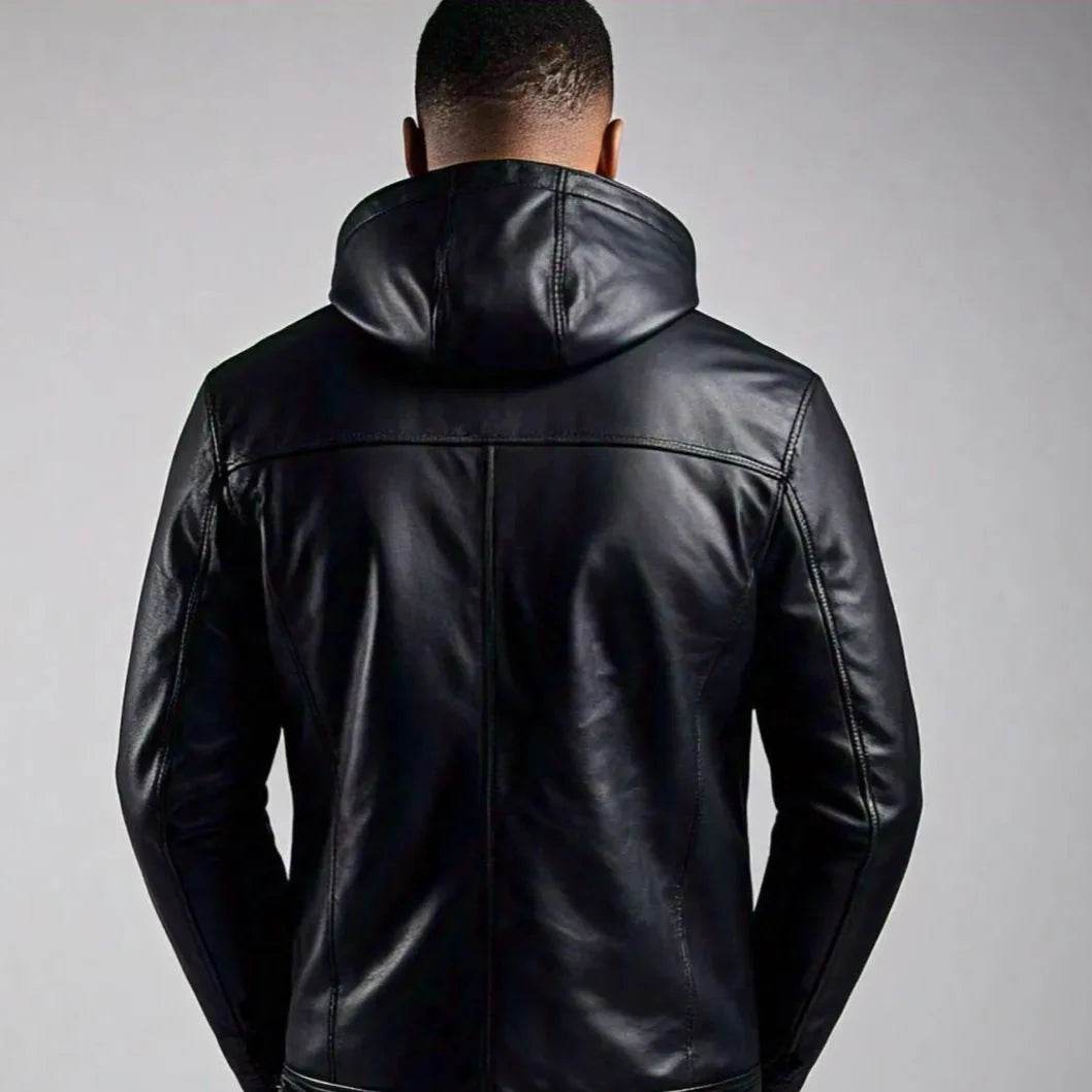 Black Leather Jacket with Hoodie and Zipper Detailing - Leathers Wear