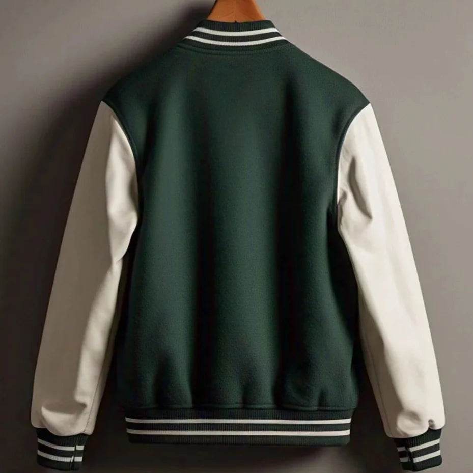 Dark Green and White Letterman Jacket | Premium Wool and Leather - Leathers Wear