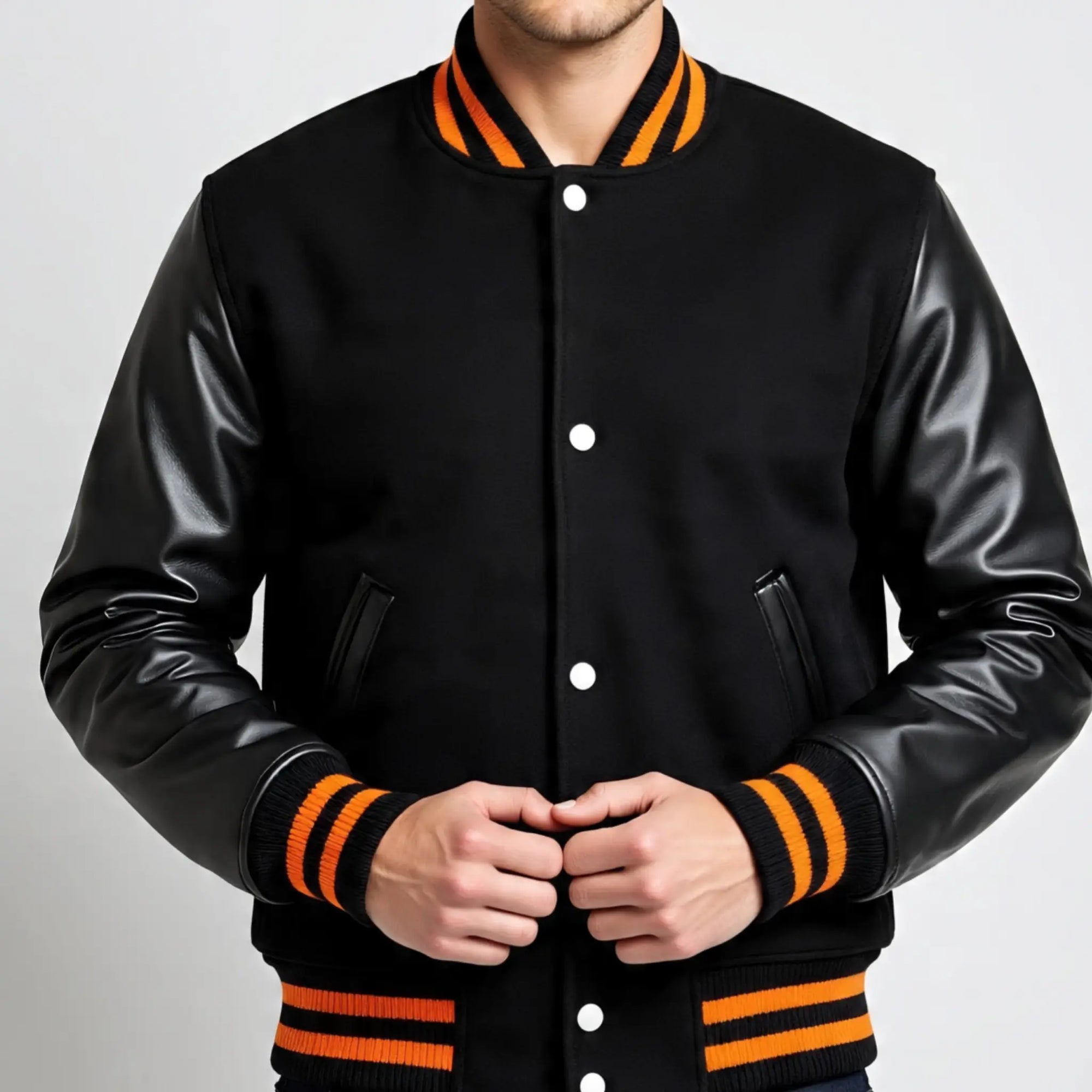 Men's Black Varsity Letterman Jacket with Orange Stripes | Premium Wool and Leather
