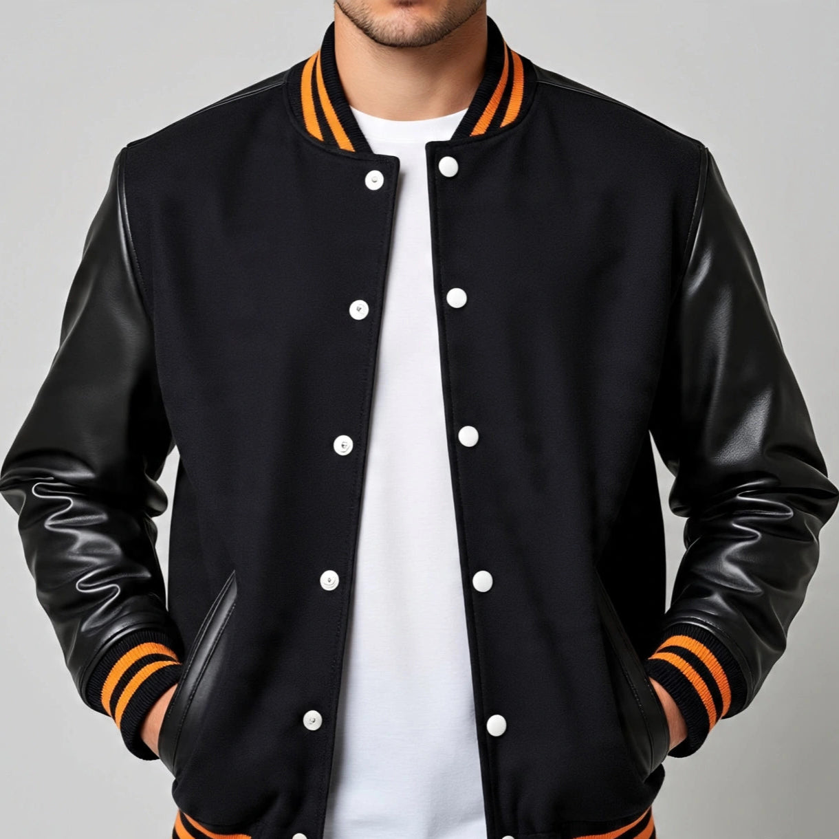 Black varsity jacket with orange accents worn by a person on a gray background