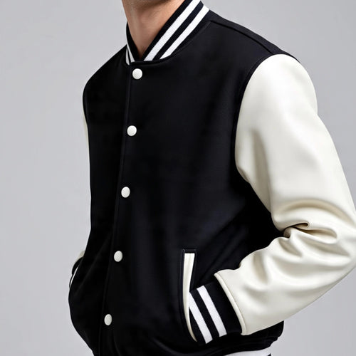 Men's Black & White Varsity Letterman Jacket | Premium Wool and Leather