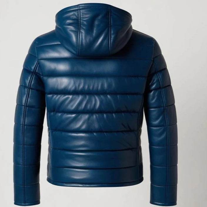 Blue Hooded Premium Leather Puffer Jacket - Leathers Wear