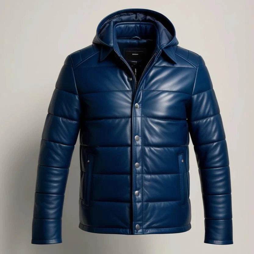 Blue Hooded Premium Leather Puffer Jacket - Leathers Wear