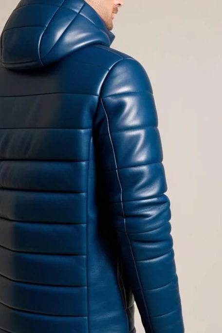 Blue Hooded Premium Leather Puffer Jacket - Leathers Wear