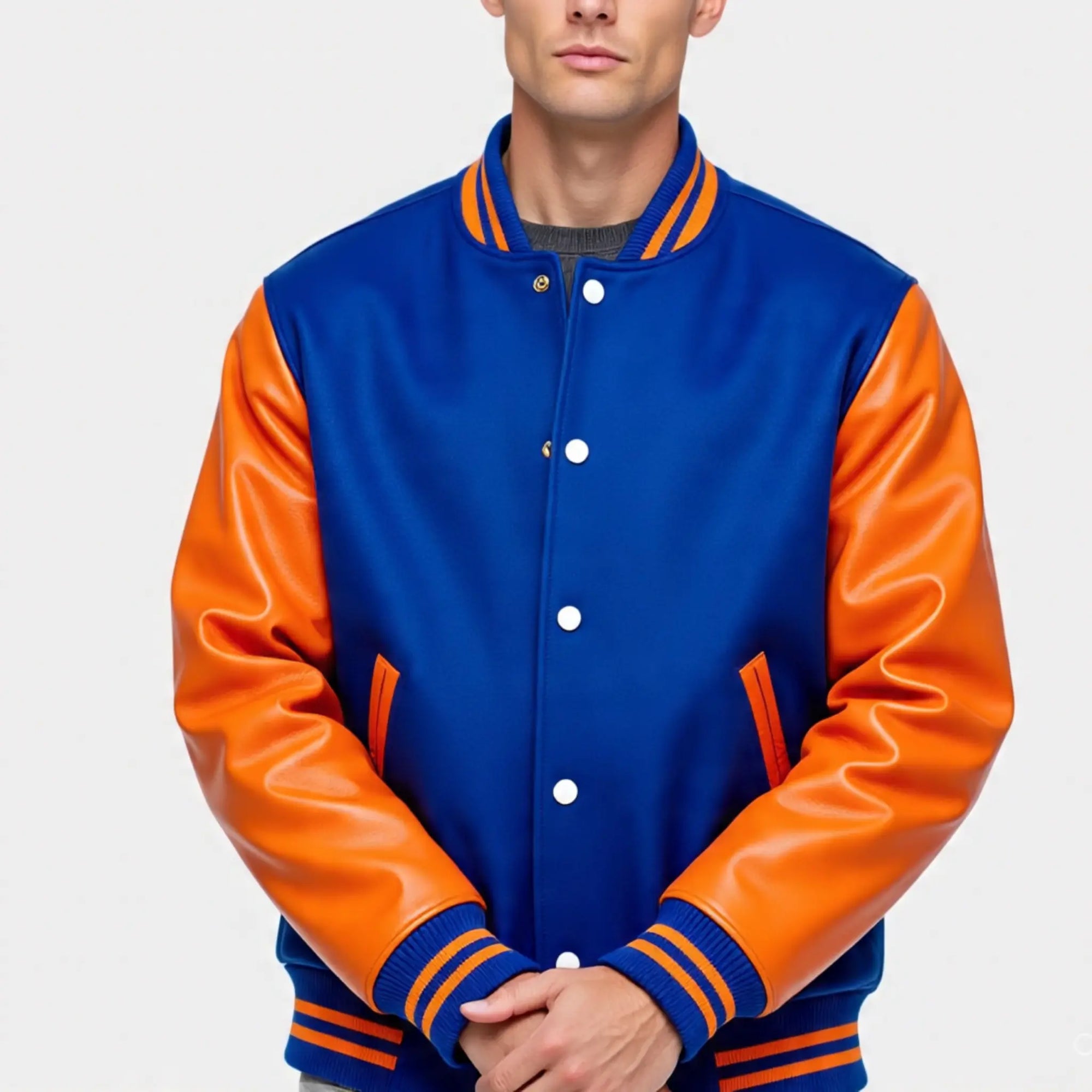 Men's Blue and Orange Varsity Letterman Jacket | Premium Wool and Leather
