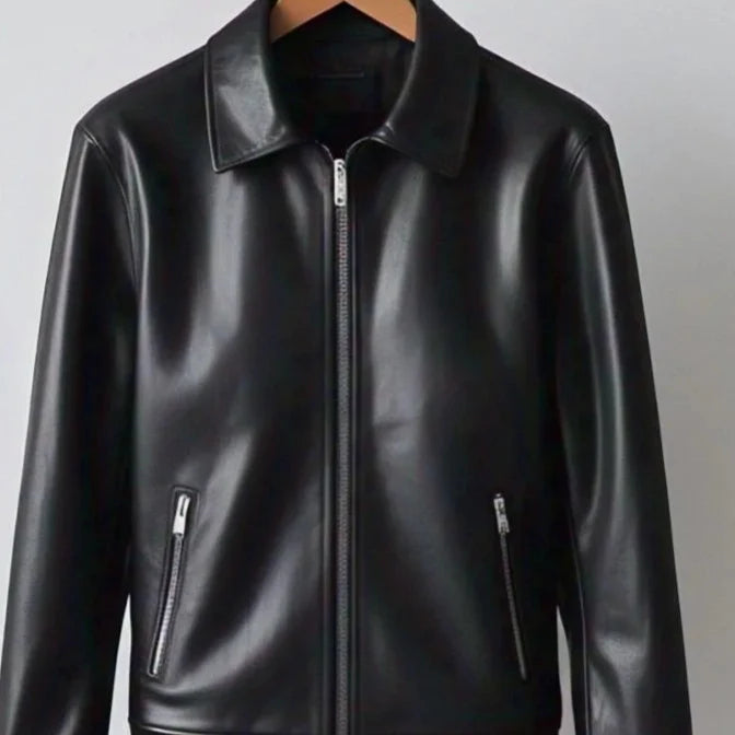 Men's Simple Black Leather Jacket | Zipper Closure