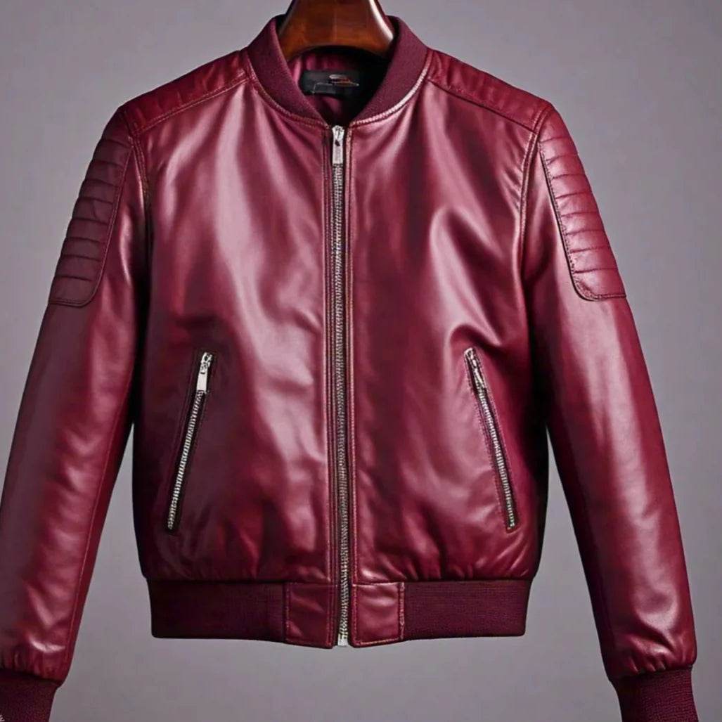 Burgundy Leather Bomber Jacket - Leathers Wear