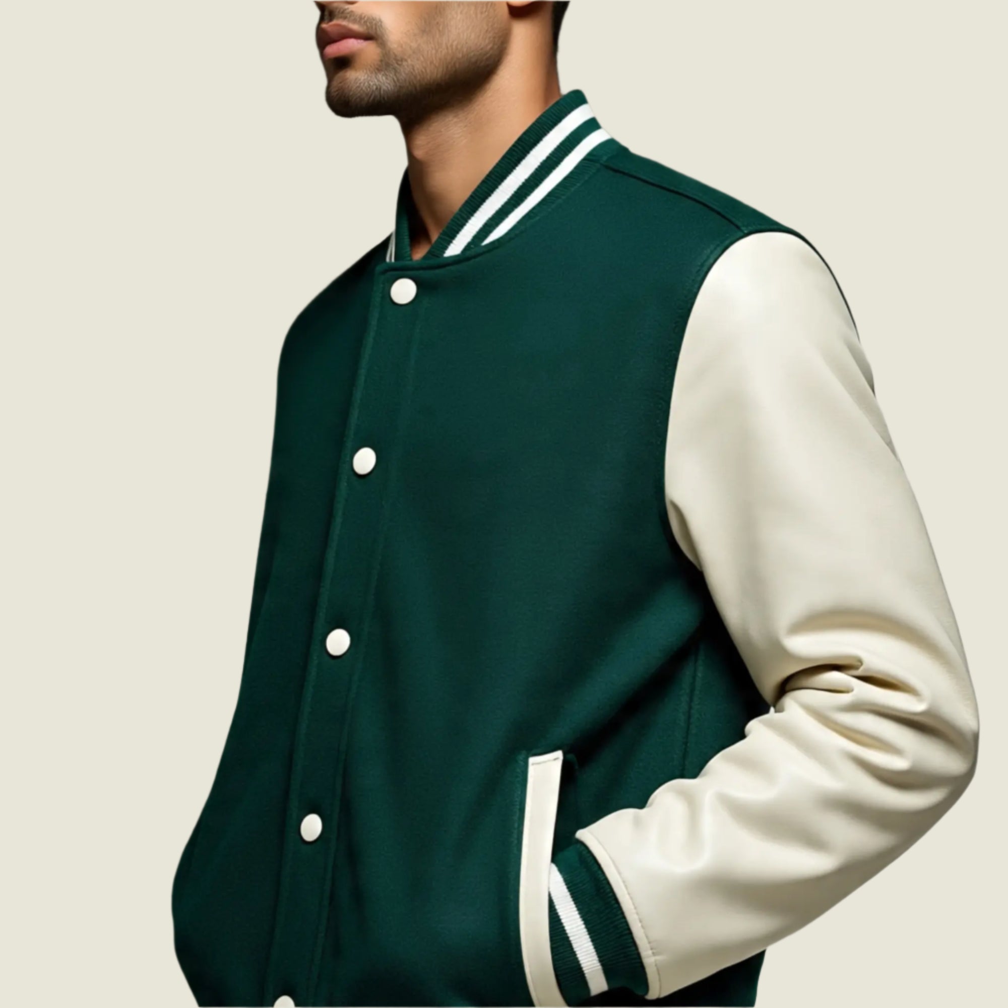 Green and white varsity jacket worn by a person on a gray background