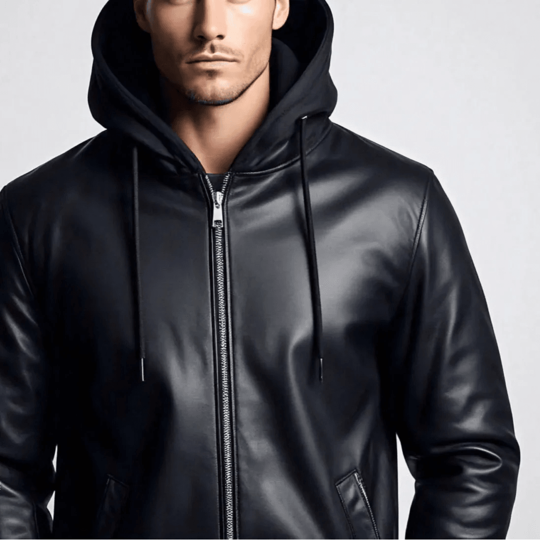 Hooded Black Leather Jacket - Zipper Closure with Two Simple Pockets - Leathers Wear