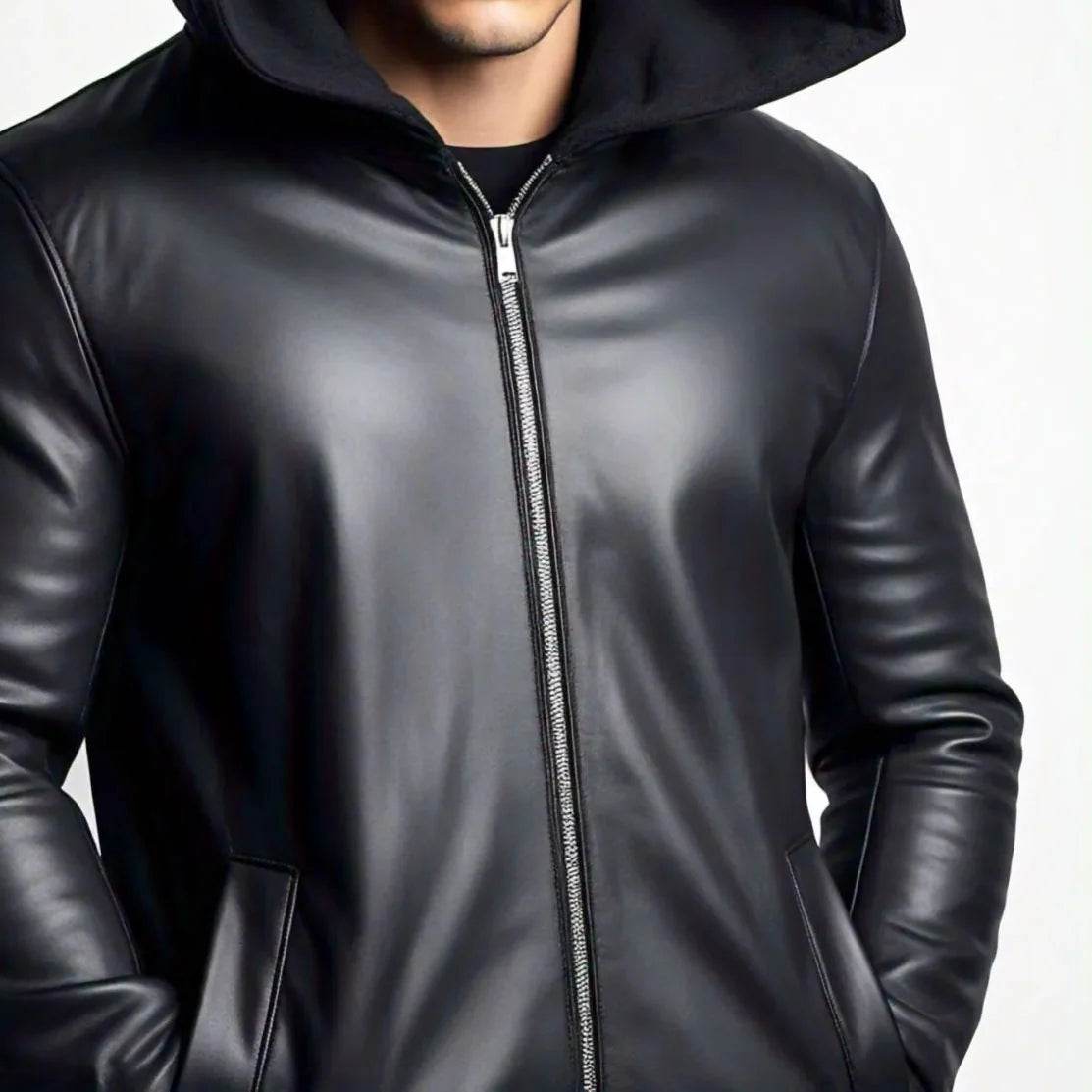 Hooded Black Leather Jacket - Zipper Closure with Two Simple Pockets - Leathers Wear